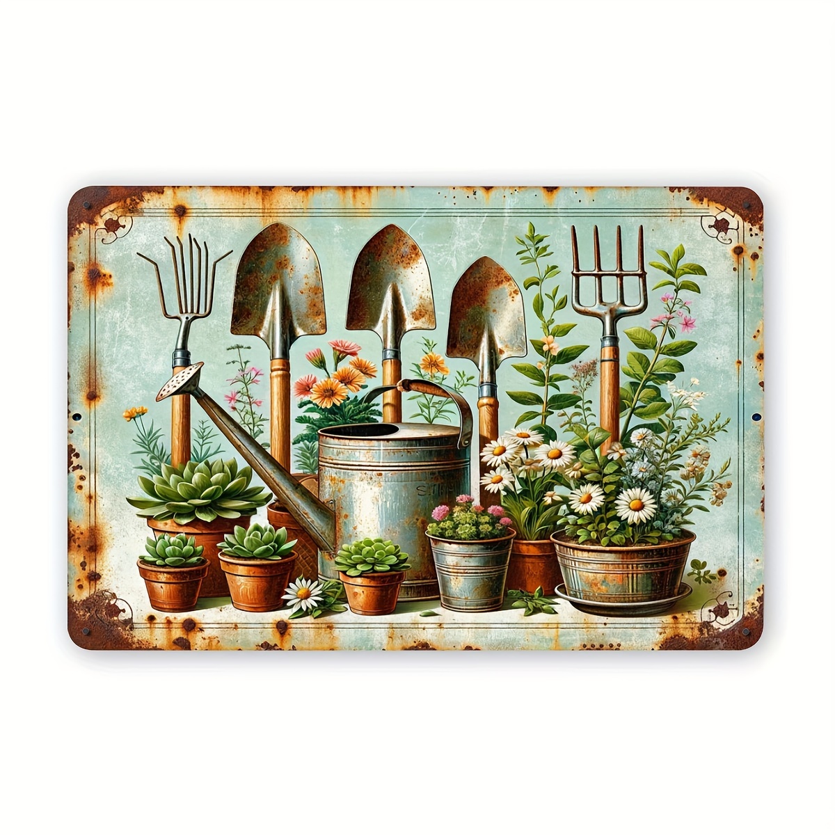 Gardening Tools Vintage - 2D-gedrucktes Aluminiumschild - Vintage-Gartengeräte-Motiv, rustikale Pflanzendekoration,